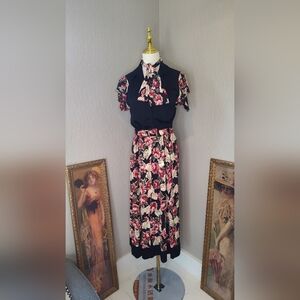 1940s Jersey  Floral Midi Dress in Black and Pink
